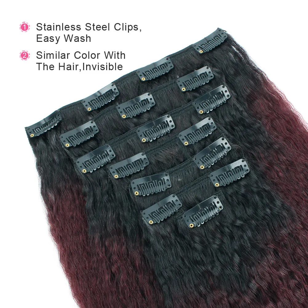Clip in Hair Extension Kinky Straight Ombre Natural Black to Dark Wine