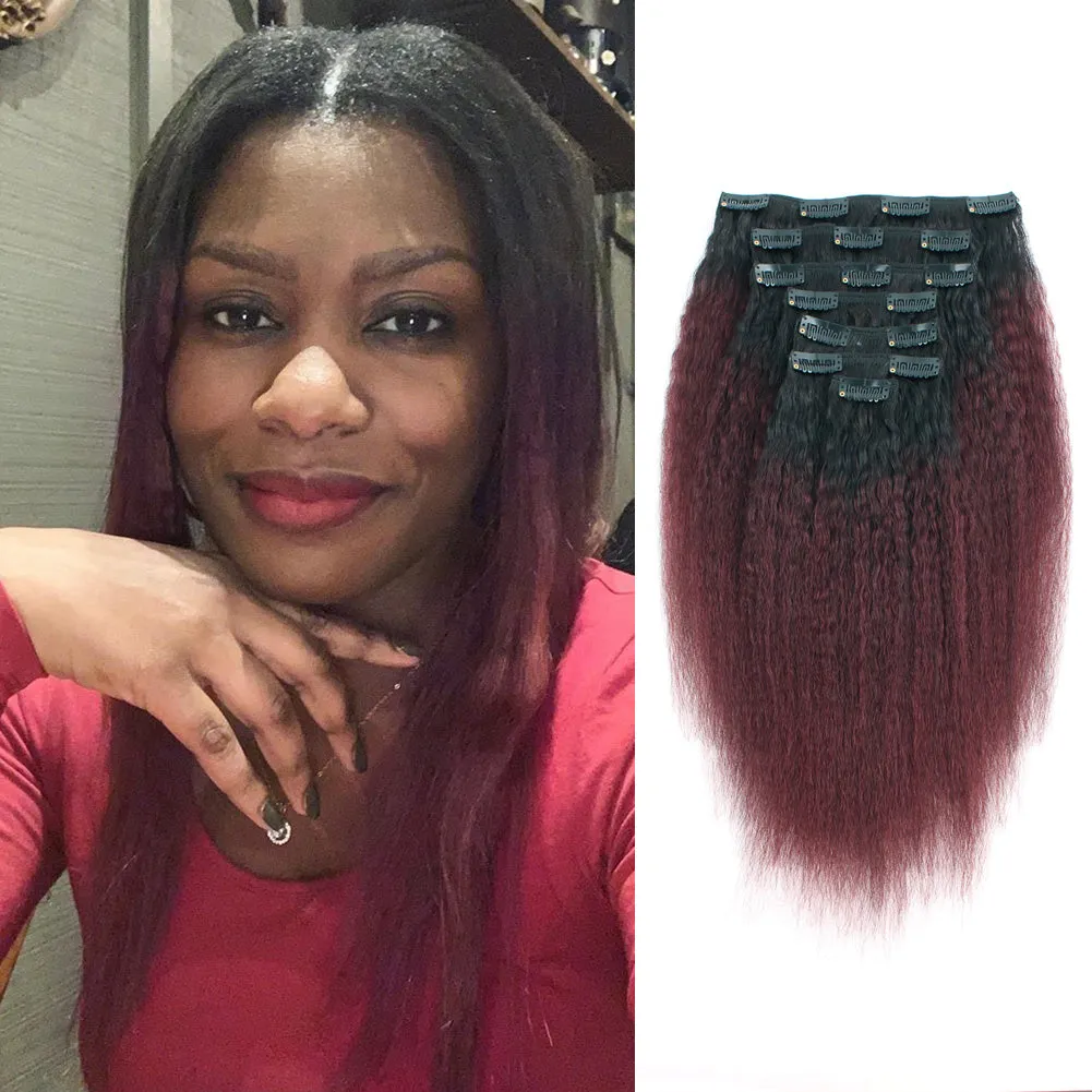 Clip in Hair Extension Kinky Straight Ombre Natural Black to Dark Wine