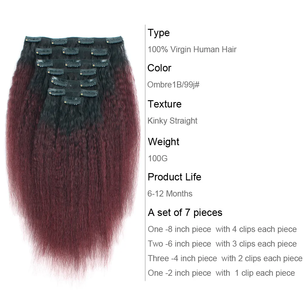 Clip in Hair Extension Kinky Straight Ombre Natural Black to Dark Wine