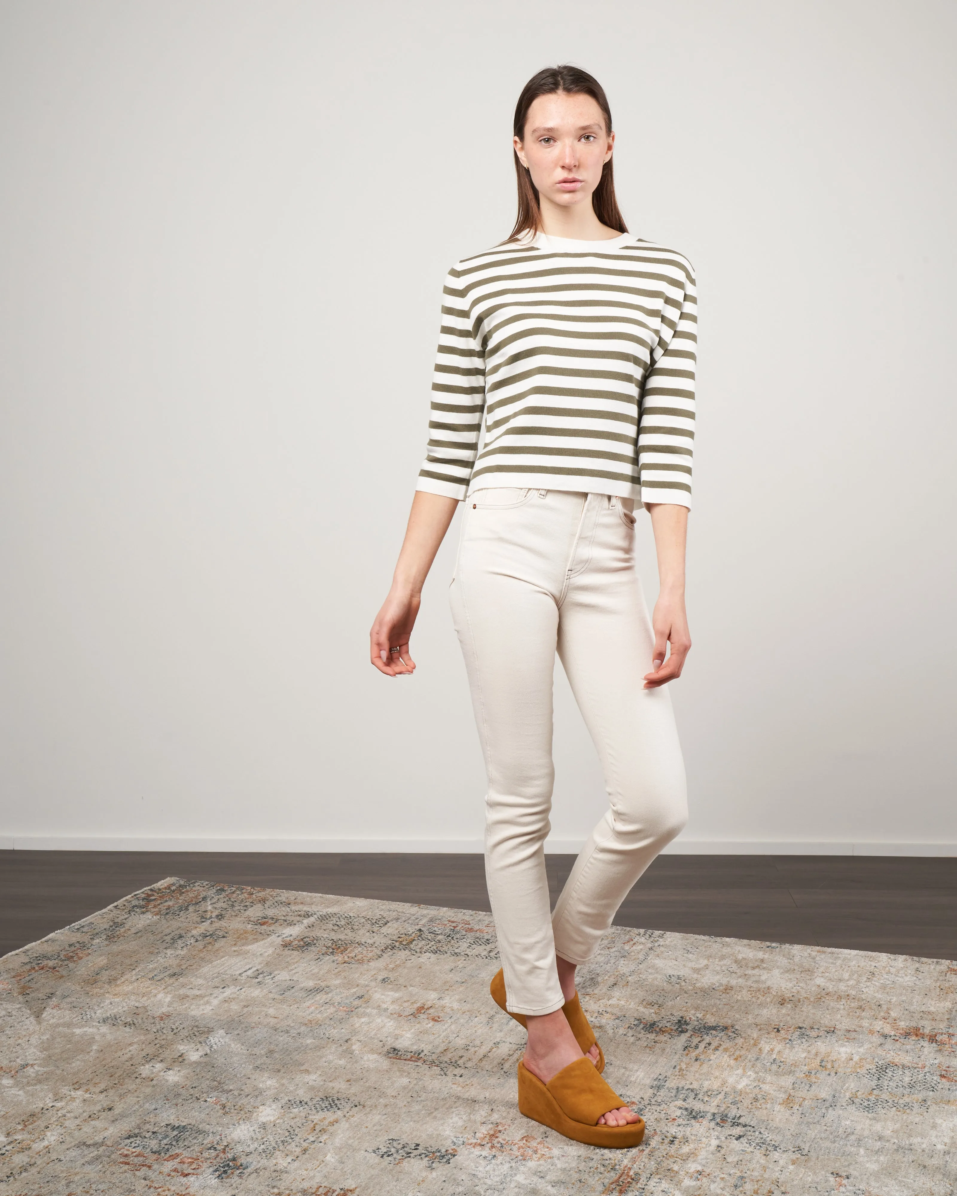 crewneck striped cashmere sweater 3/4 sleeve - military green / ecru