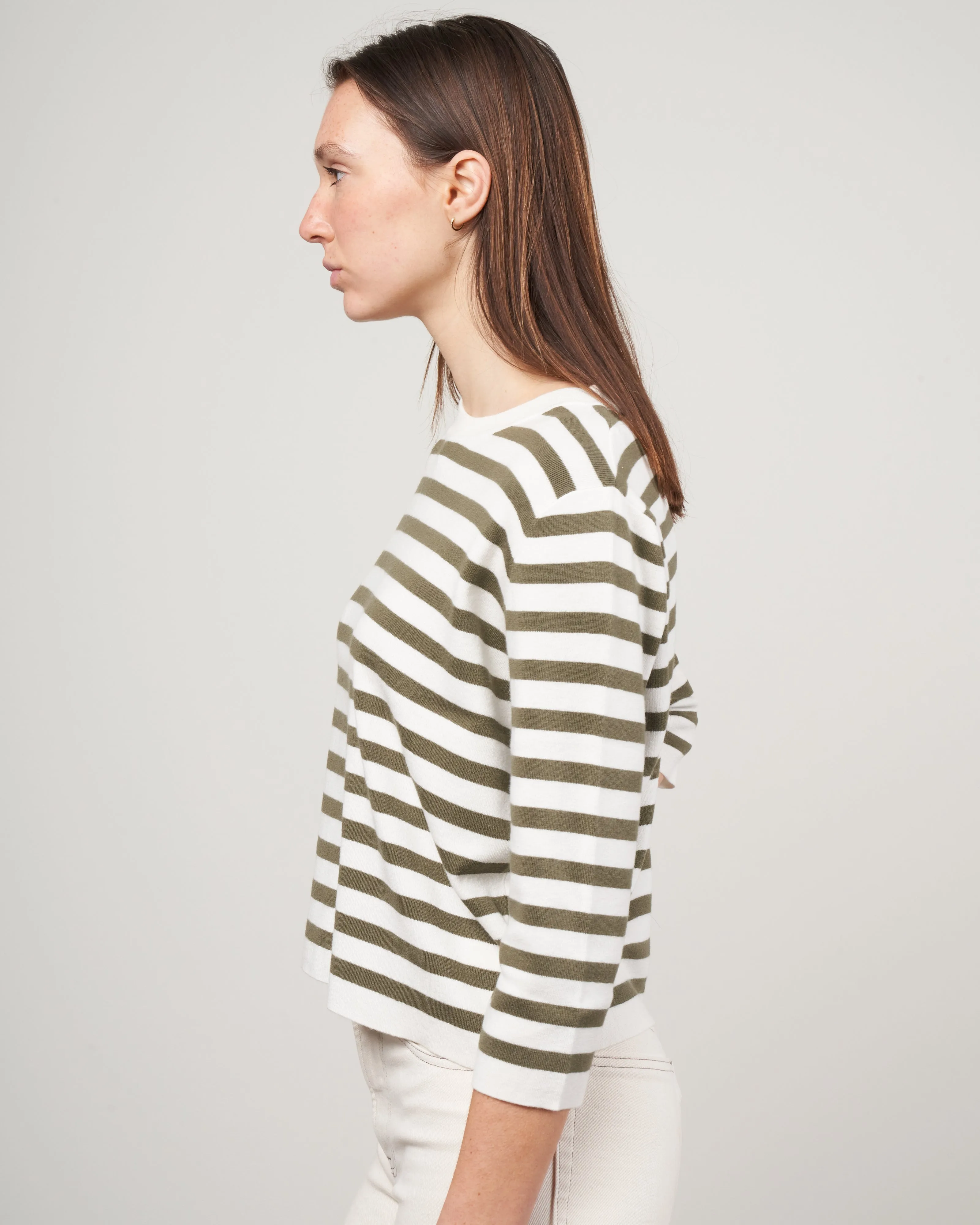 crewneck striped cashmere sweater 3/4 sleeve - military green / ecru
