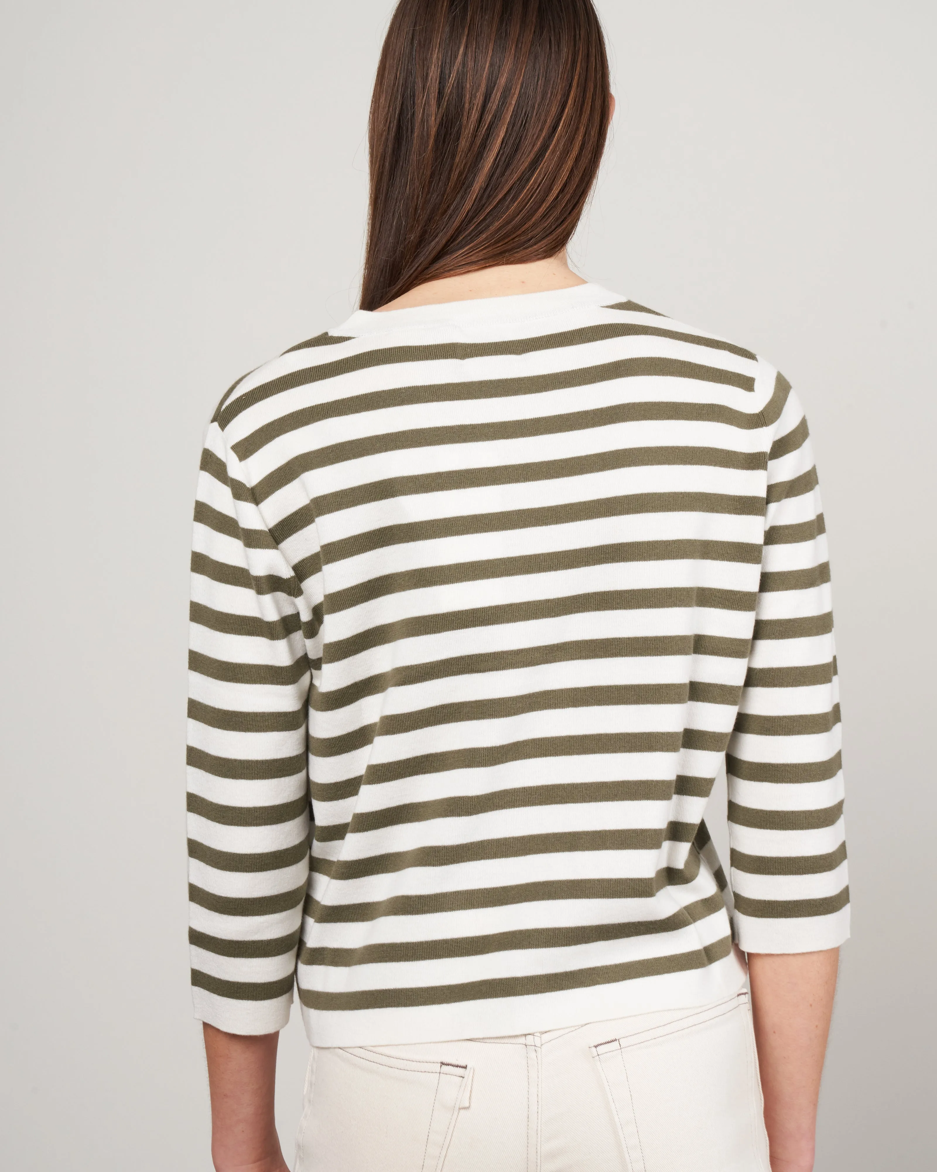 crewneck striped cashmere sweater 3/4 sleeve - military green / ecru
