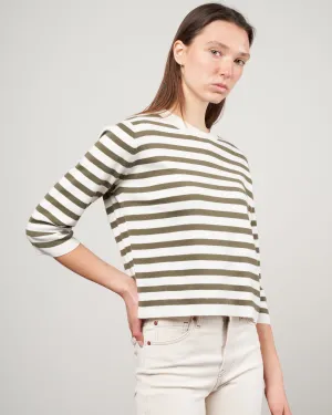 crewneck striped cashmere sweater 3/4 sleeve - military green / ecru