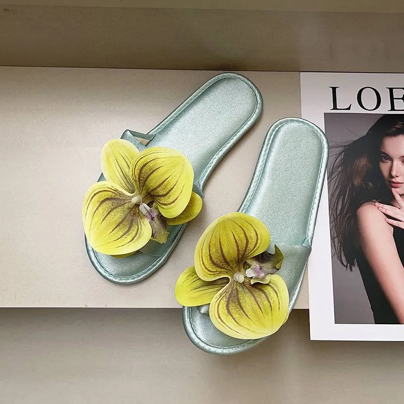 Elegant Floral orchid Embellished Slide Sandals