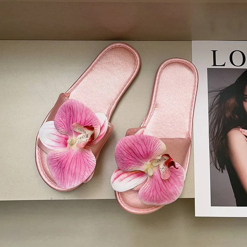 Elegant Floral orchid Embellished Slide Sandals