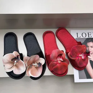 Elegant Floral orchid Embellished Slide Sandals