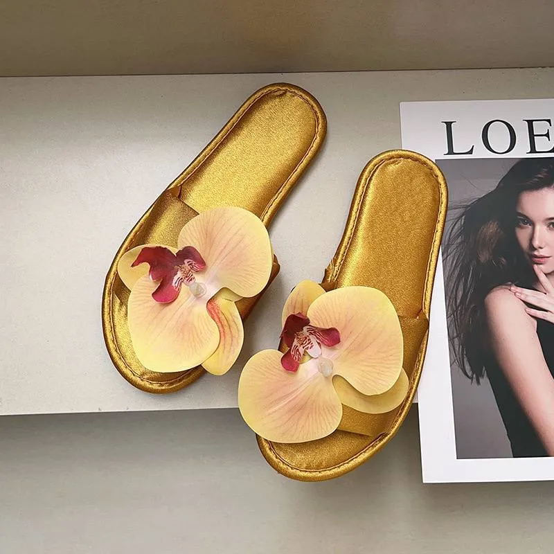 Elegant Floral orchid Embellished Slide Sandals