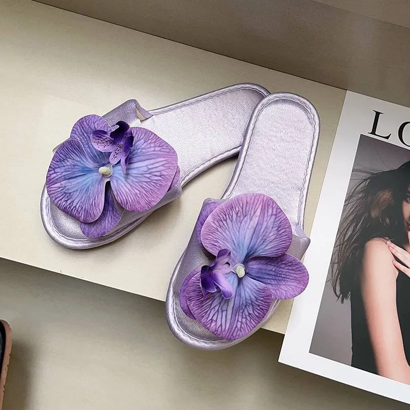 Elegant Floral orchid Embellished Slide Sandals
