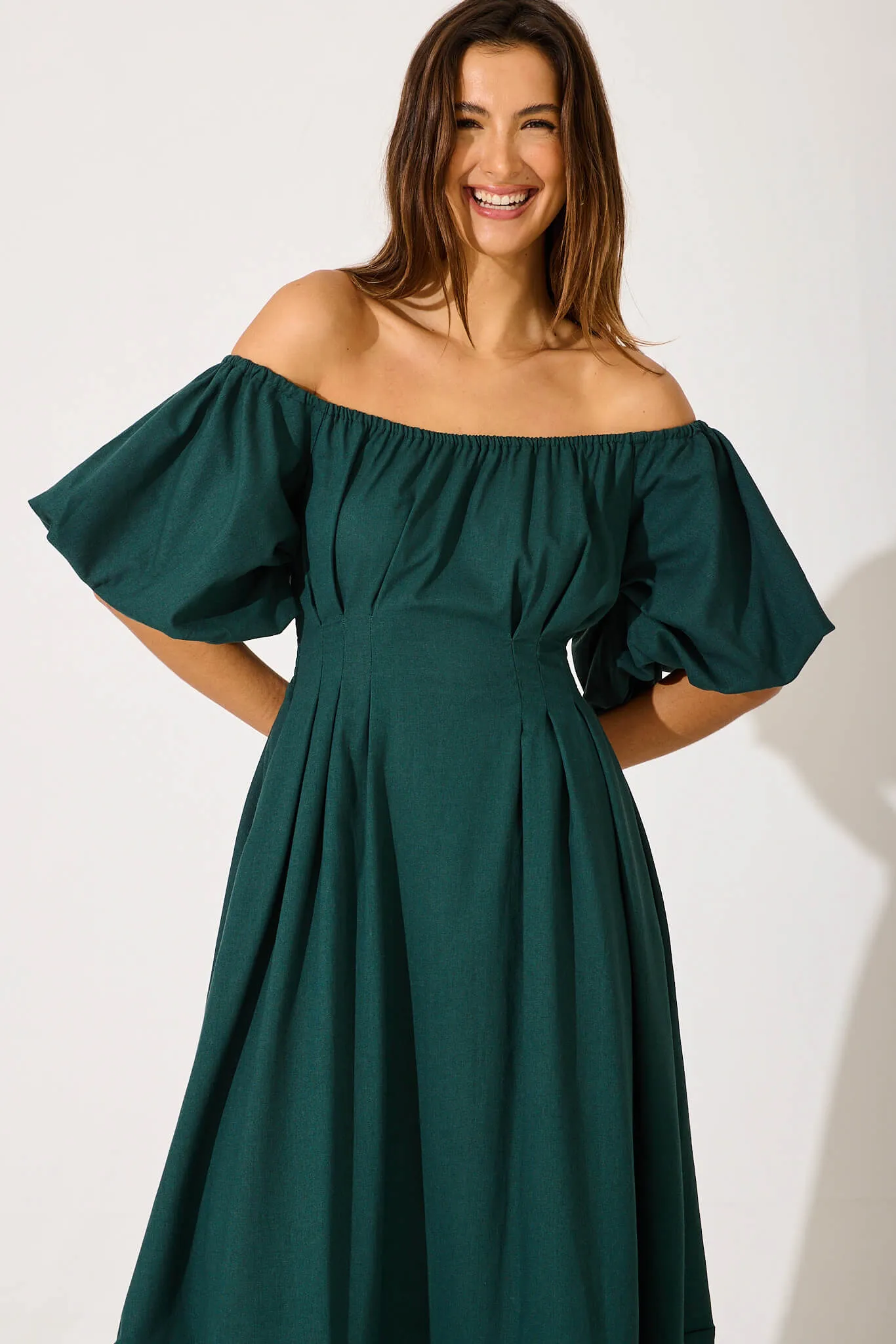 Emerald Linen Blend Midi Dress for Winter