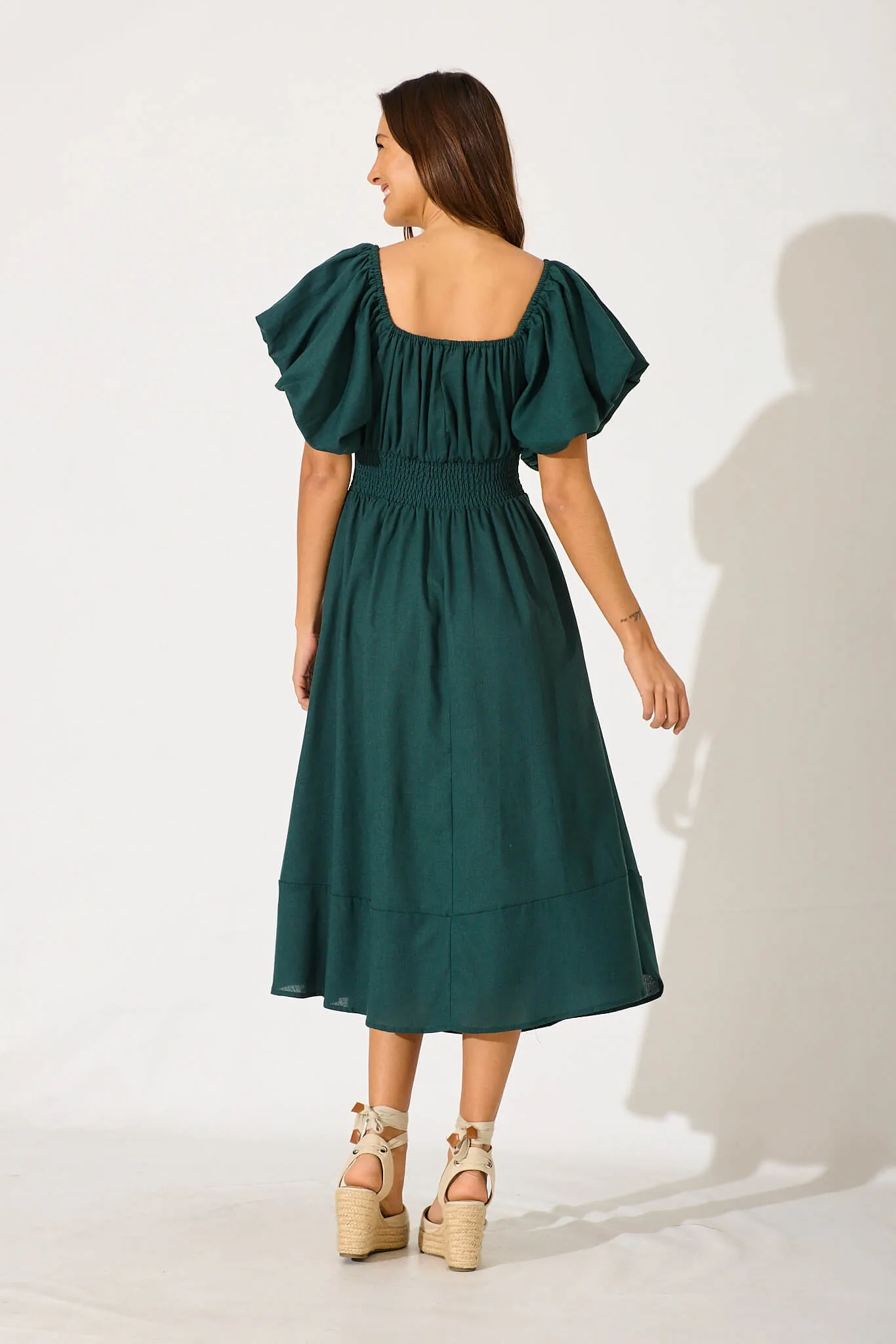 Emerald Linen Blend Midi Dress for Winter