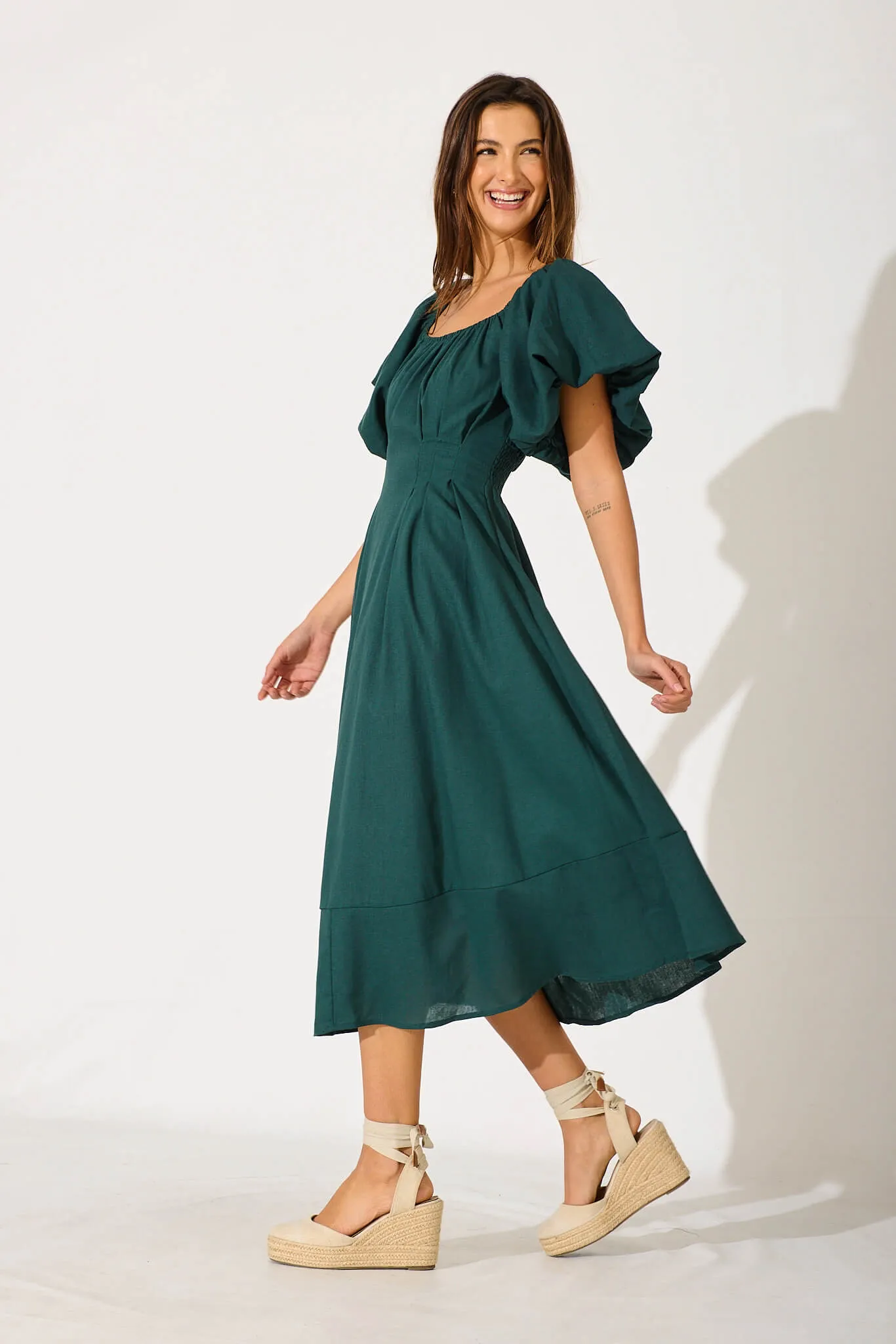 Emerald Linen Blend Midi Dress for Winter