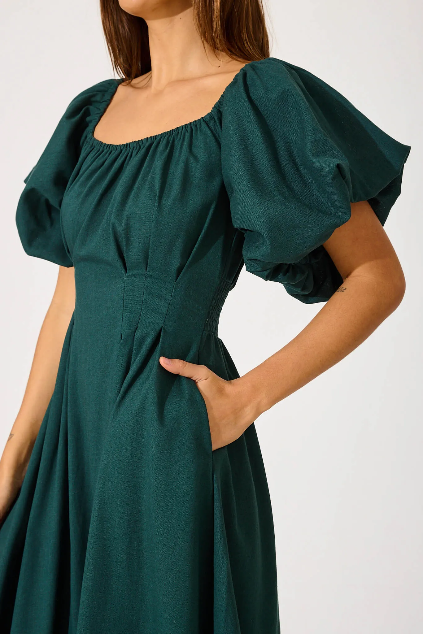Emerald Linen Blend Midi Dress for Winter