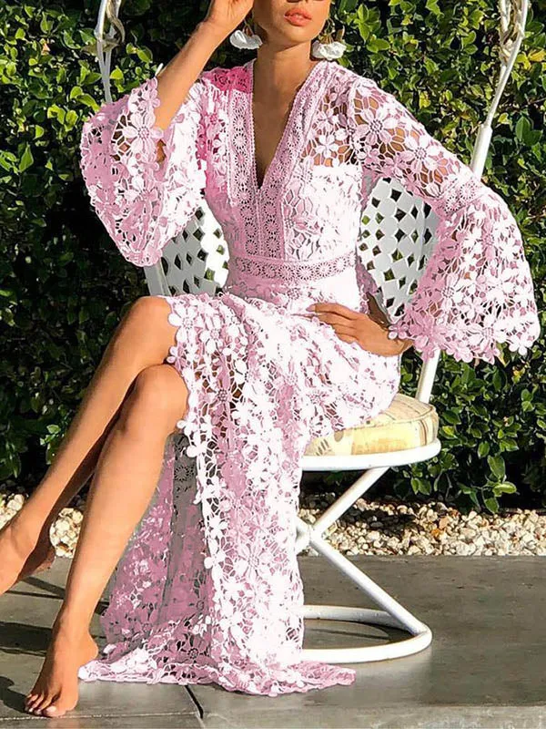 Falbala Floral Lacy Split-Joint Zipper Flared Sleeves Long Sleeves V-neck Sexy Dresses Maxi Dresses Evening Dresses Dresses Bohemia Dresses