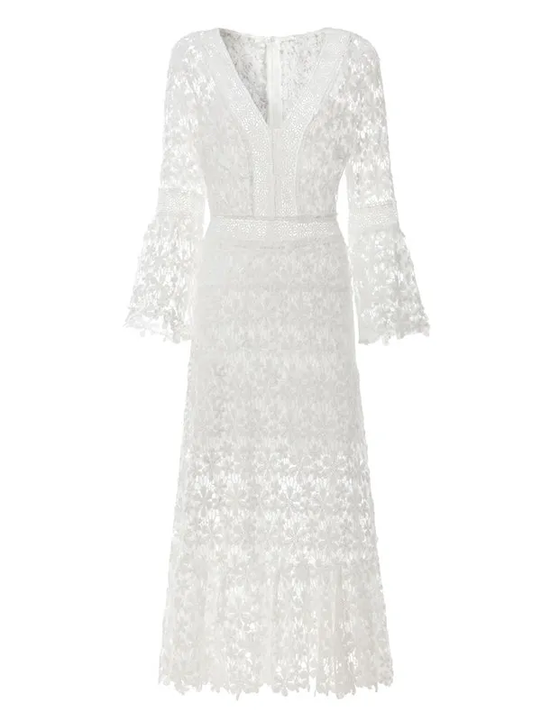 Falbala Floral Lacy Split-Joint Zipper Flared Sleeves Long Sleeves V-neck Sexy Dresses Maxi Dresses Evening Dresses Dresses Bohemia Dresses