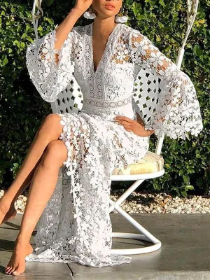 Falbala Floral Lacy Split-Joint Zipper Flared Sleeves Long Sleeves V-neck Sexy Dresses Maxi Dresses Evening Dresses Dresses Bohemia Dresses