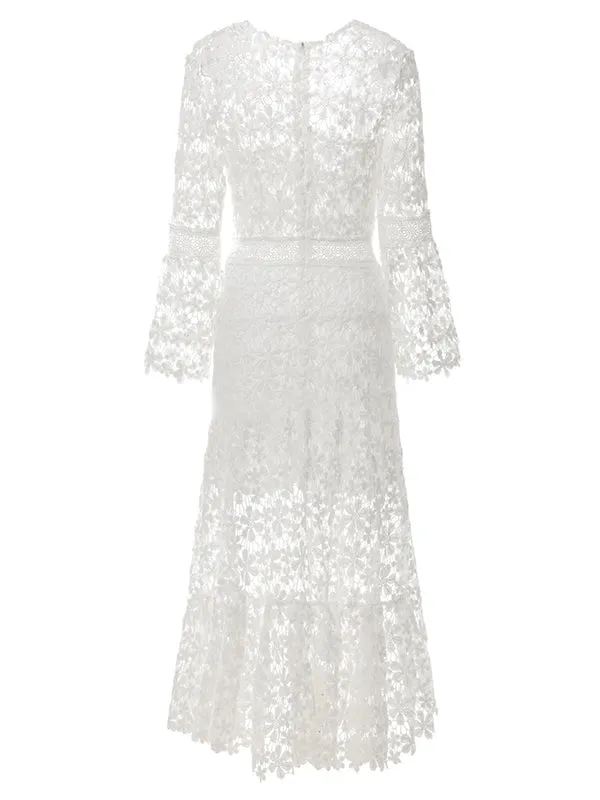 Falbala Floral Lacy Split-Joint Zipper Flared Sleeves Long Sleeves V-neck Sexy Dresses Maxi Dresses Evening Dresses Dresses Bohemia Dresses