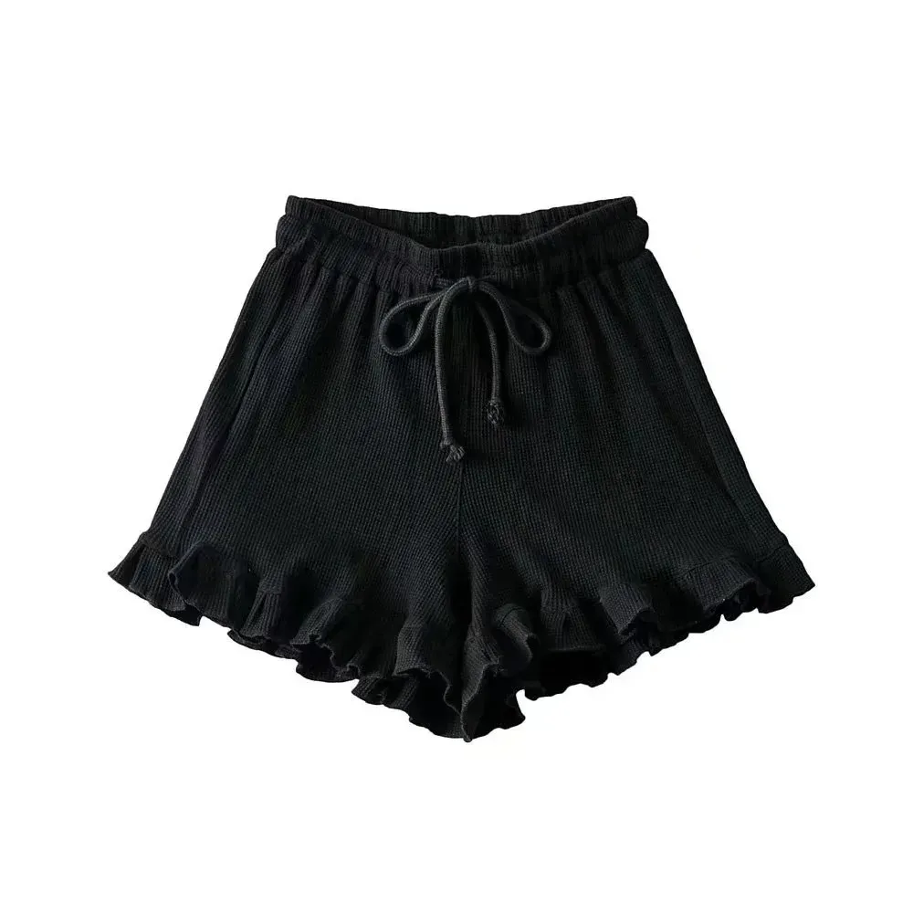 FlutterJoy Ruffle Hem Drawstring Waffle Knit Shorts