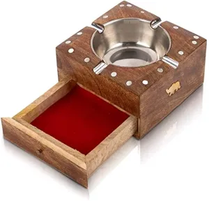 Garden Of Arts Handcrafted Cigarette Smoking Wooden Ashtray With Compartment For Home Living Room Unique Vintage Decorative Square Indoor Outdoor Ash Holder