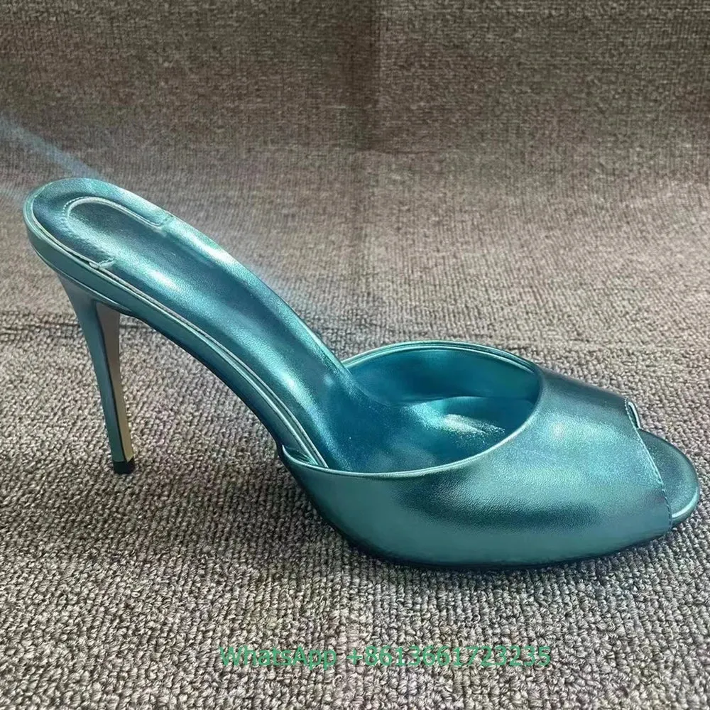 Genuine Leather Peep Toe Thin Heel Women Slippers Solid Summer Fashion Sandals Slip-On Shallow Patent Leather Shiny Sandals