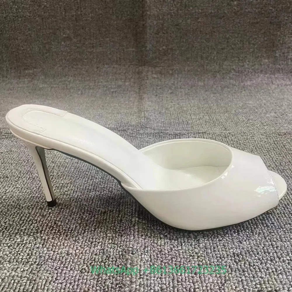 Genuine Leather Peep Toe Thin Heel Women Slippers Solid Summer Fashion Sandals Slip-On Shallow Patent Leather Shiny Sandals