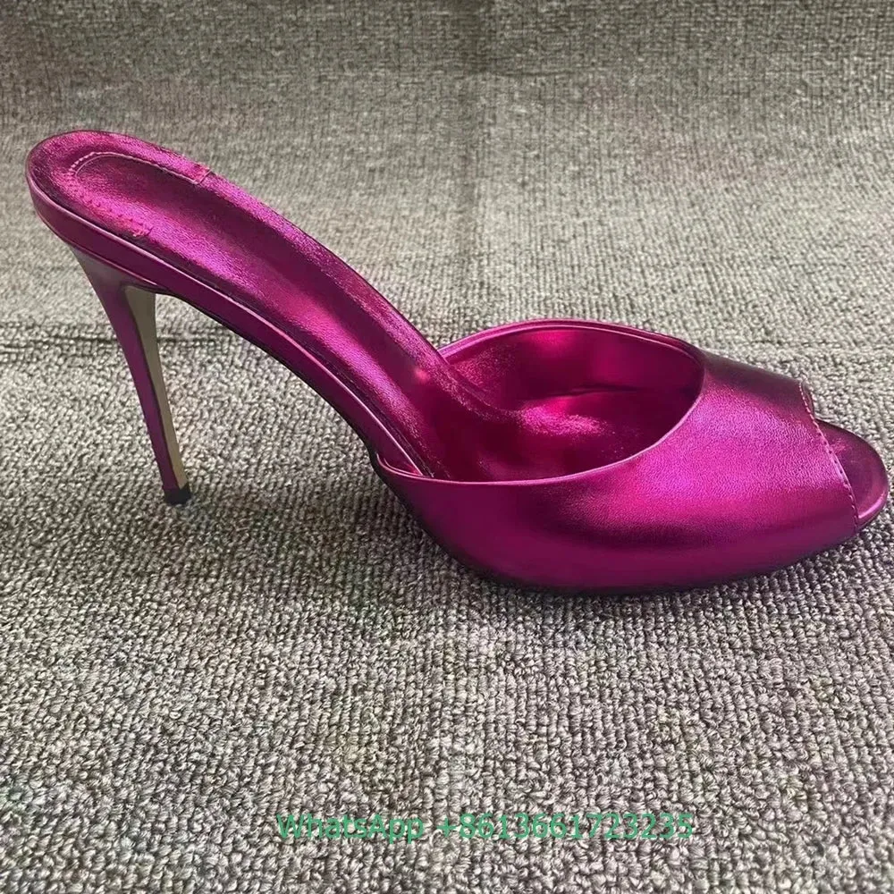 Genuine Leather Peep Toe Thin Heel Women Slippers Solid Summer Fashion Sandals Slip-On Shallow Patent Leather Shiny Sandals