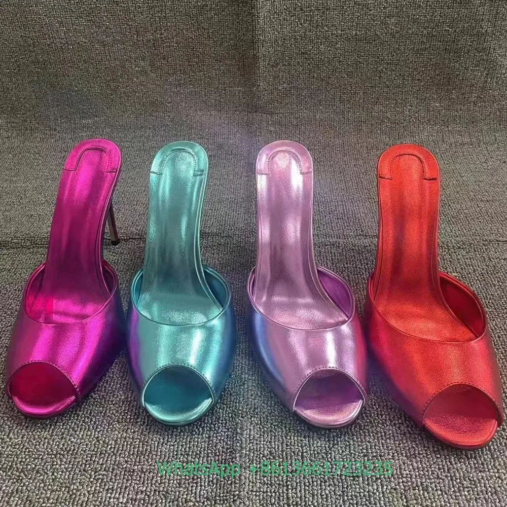 Genuine Leather Peep Toe Thin Heel Women Slippers Solid Summer Fashion Sandals Slip-On Shallow Patent Leather Shiny Sandals