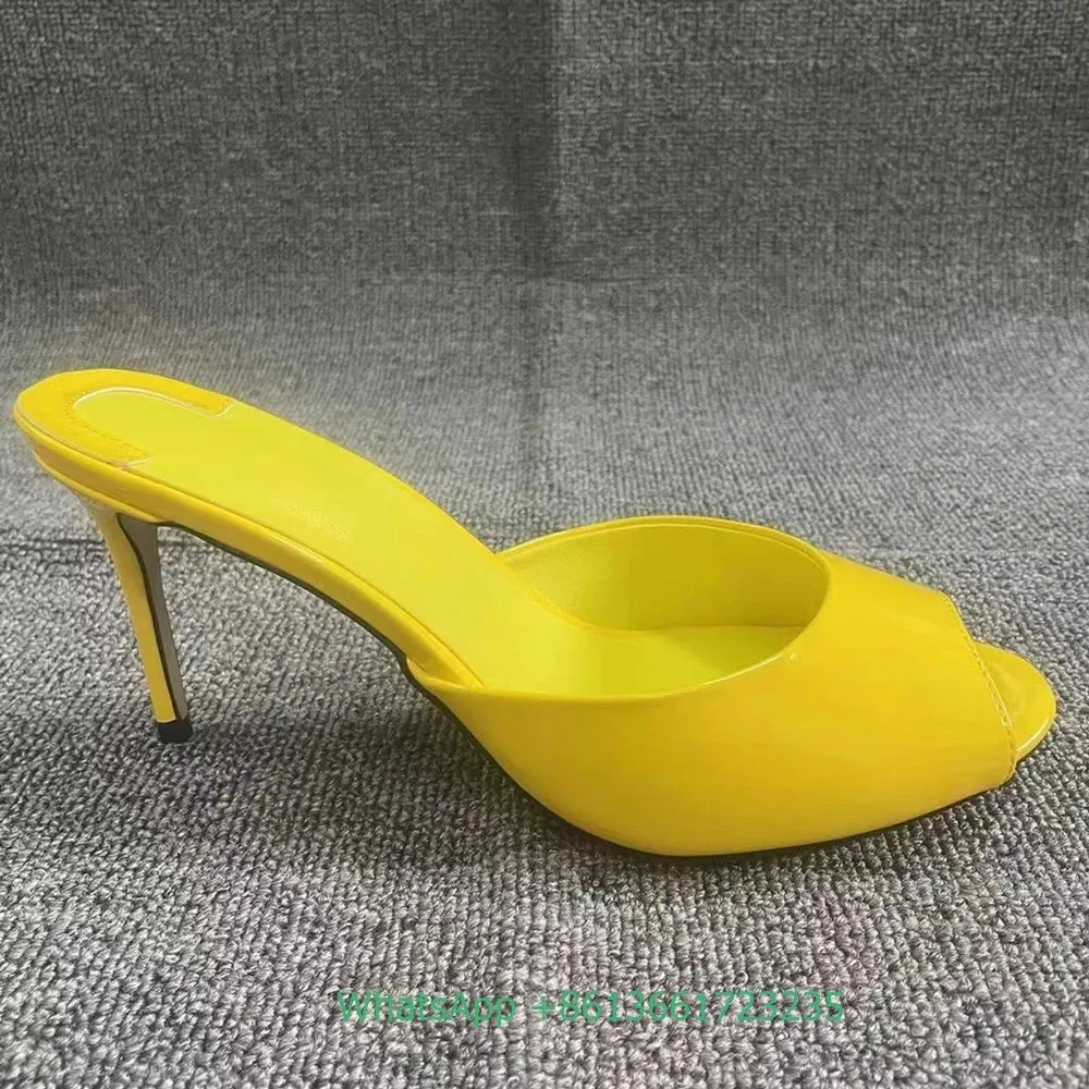 Genuine Leather Peep Toe Thin Heel Women Slippers Solid Summer Fashion Sandals Slip-On Shallow Patent Leather Shiny Sandals