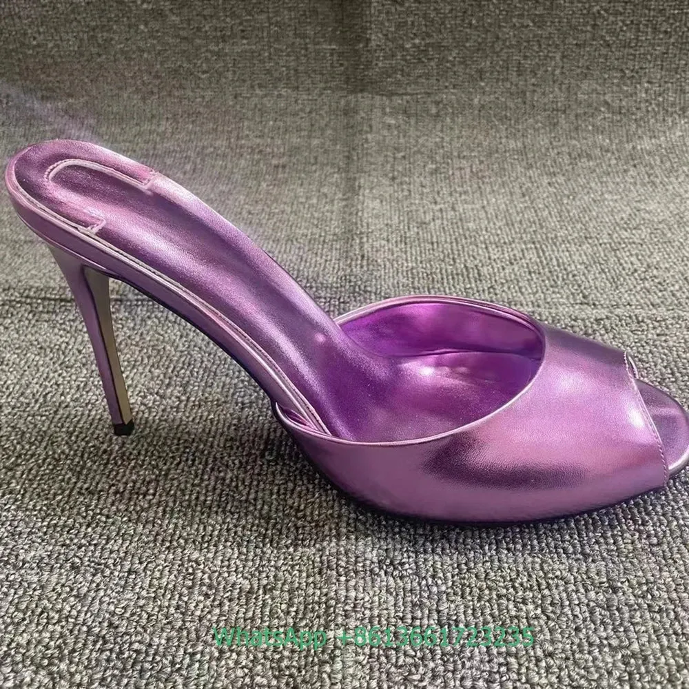 Genuine Leather Peep Toe Thin Heel Women Slippers Solid Summer Fashion Sandals Slip-On Shallow Patent Leather Shiny Sandals