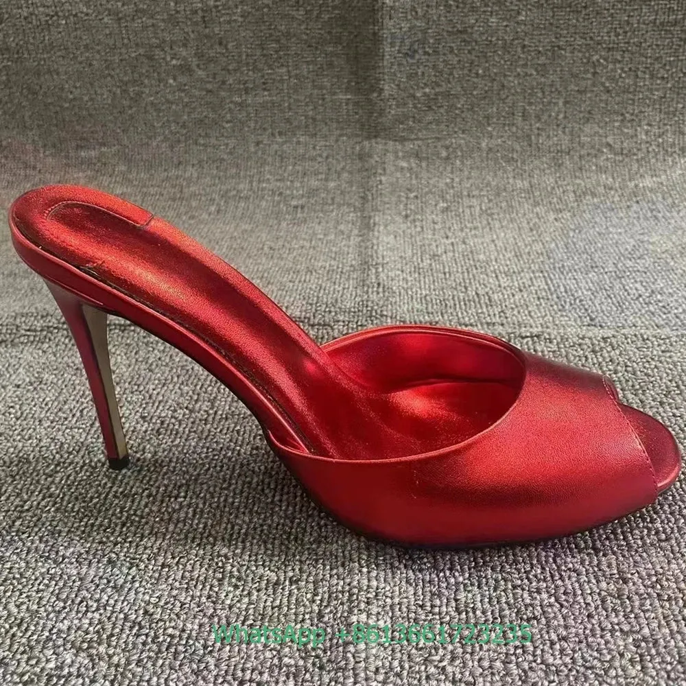 Genuine Leather Peep Toe Thin Heel Women Slippers Solid Summer Fashion Sandals Slip-On Shallow Patent Leather Shiny Sandals