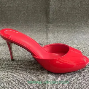 Genuine Leather Peep Toe Thin Heel Women Slippers Solid Summer Fashion Sandals Slip-On Shallow Patent Leather Shiny Sandals