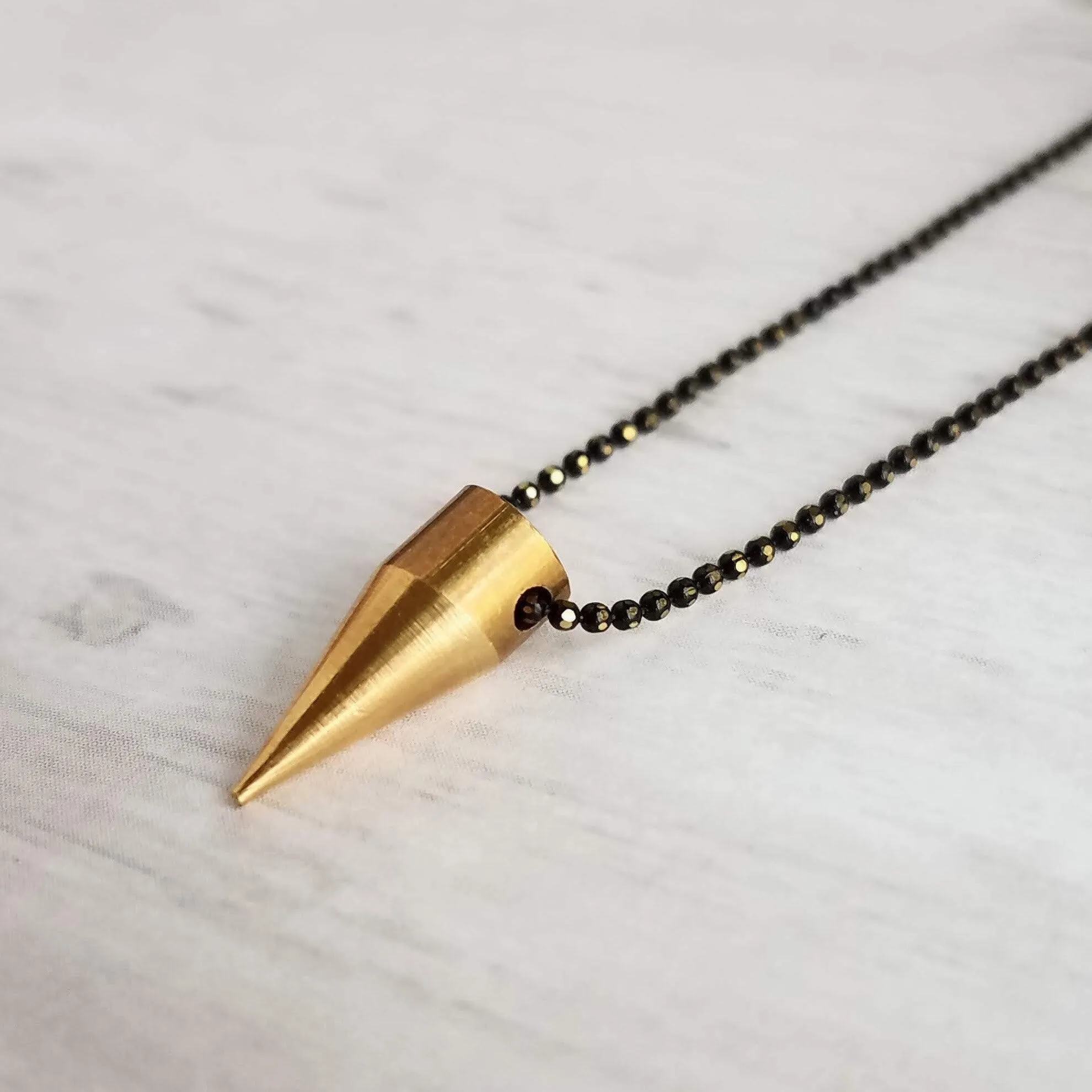 Gold Spike Necklace, solid brass bullet point pendant, gold dagger necklace, black chain necklace, black gold necklace, gold bullet necklace