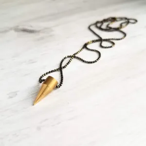 Gold Spike Necklace, solid brass bullet point pendant, gold dagger necklace, black chain necklace, black gold necklace, gold bullet necklace