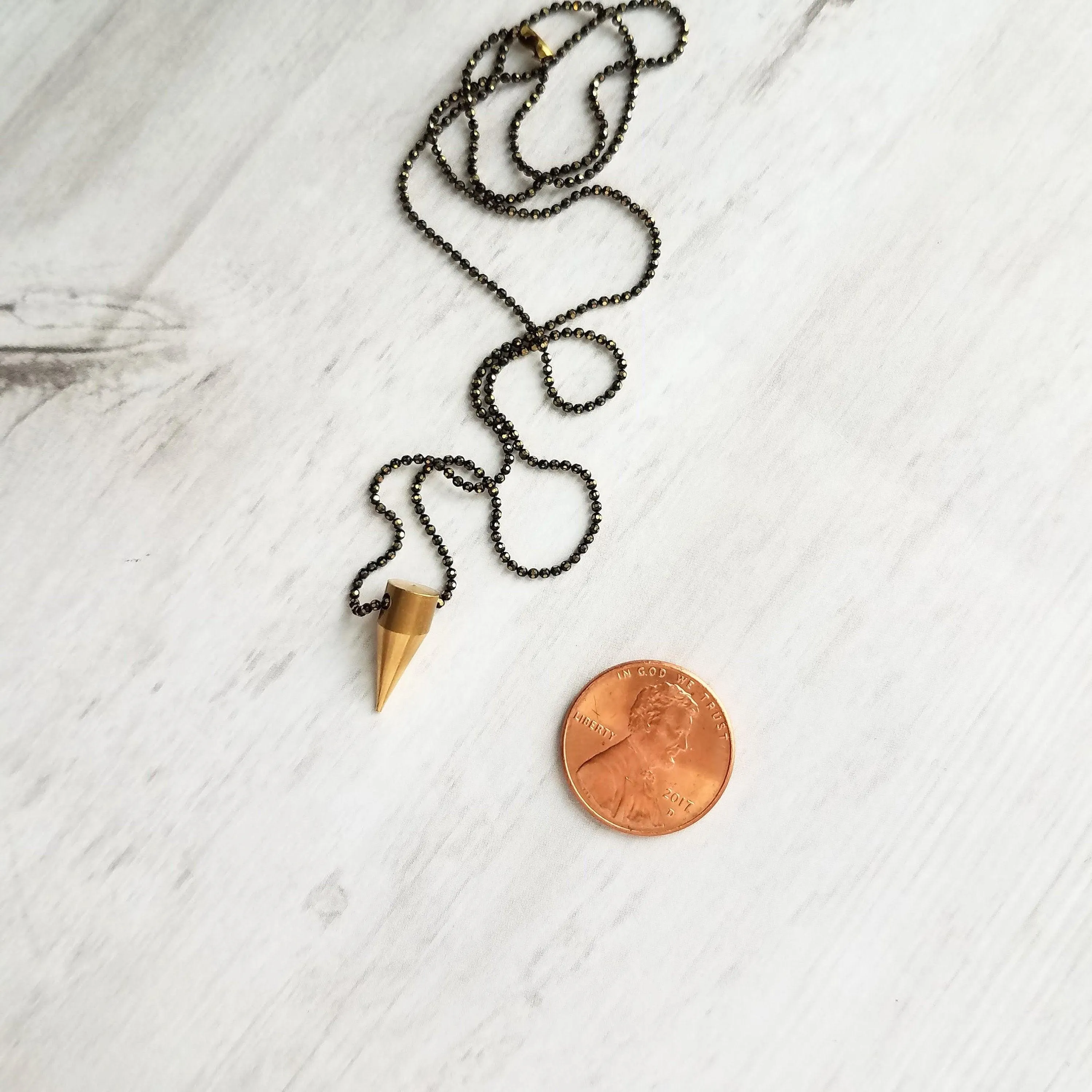 Gold Spike Necklace, solid brass bullet point pendant, gold dagger necklace, black chain necklace, black gold necklace, gold bullet necklace