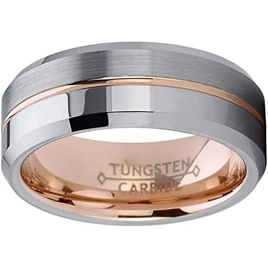 Harlem Rose Gold Inlay Center Groove Half Brushed Half Polished Tungsten Ring 8mm