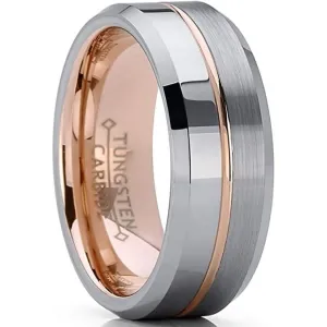 Harlem Rose Gold Inlay Center Groove Half Brushed Half Polished Tungsten Ring 8mm