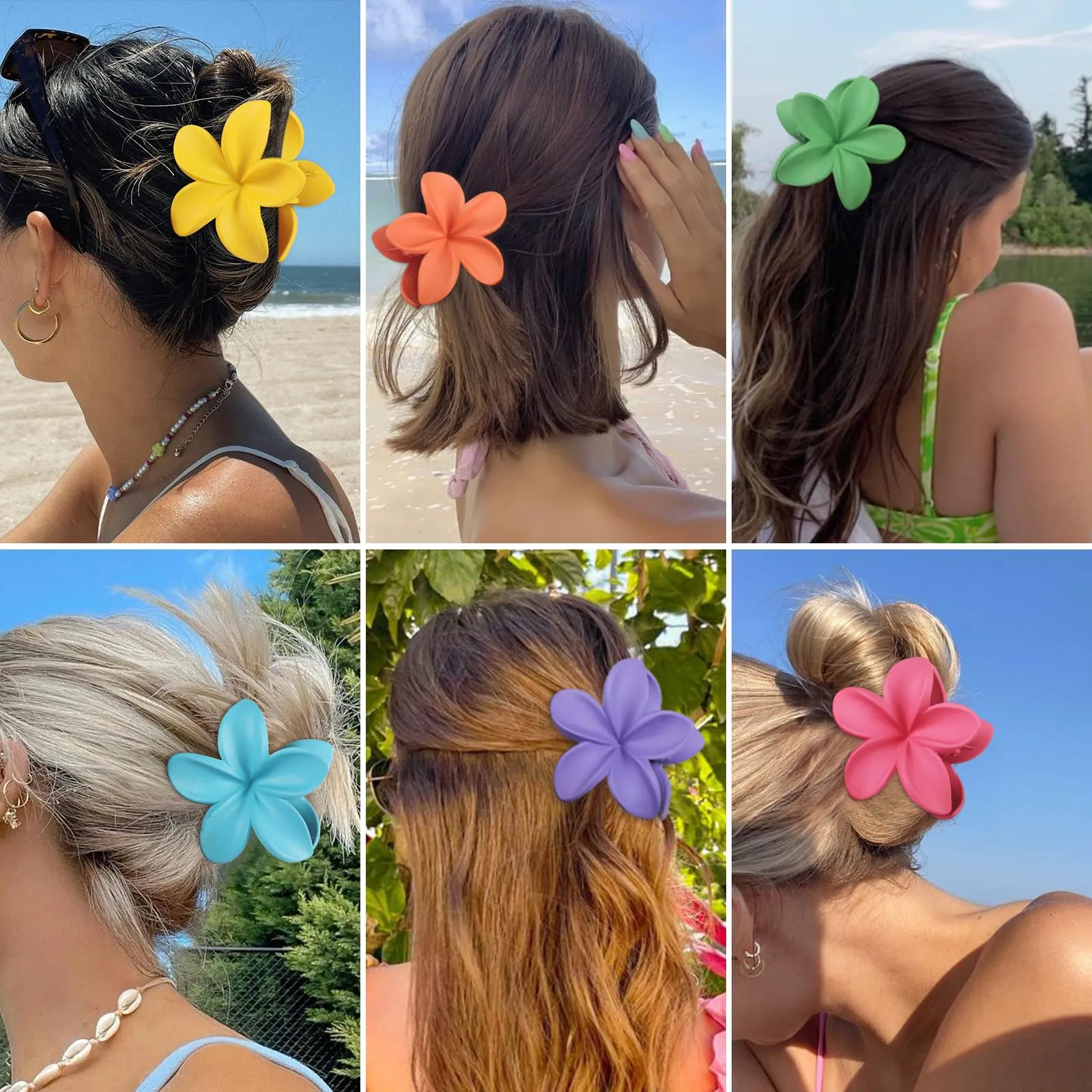 Hawaiian Plumeria Hair Accessories - 6 Pack Large Claw Clips for Thick and Thin Hair, Beach Tropical Hair Clips for Women and Girls