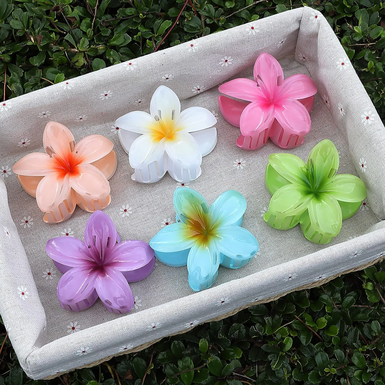 Hawaiian Plumeria Hair Accessories - 6 Pack Large Claw Clips for Thick and Thin Hair, Beach Tropical Hair Clips for Women and Girls