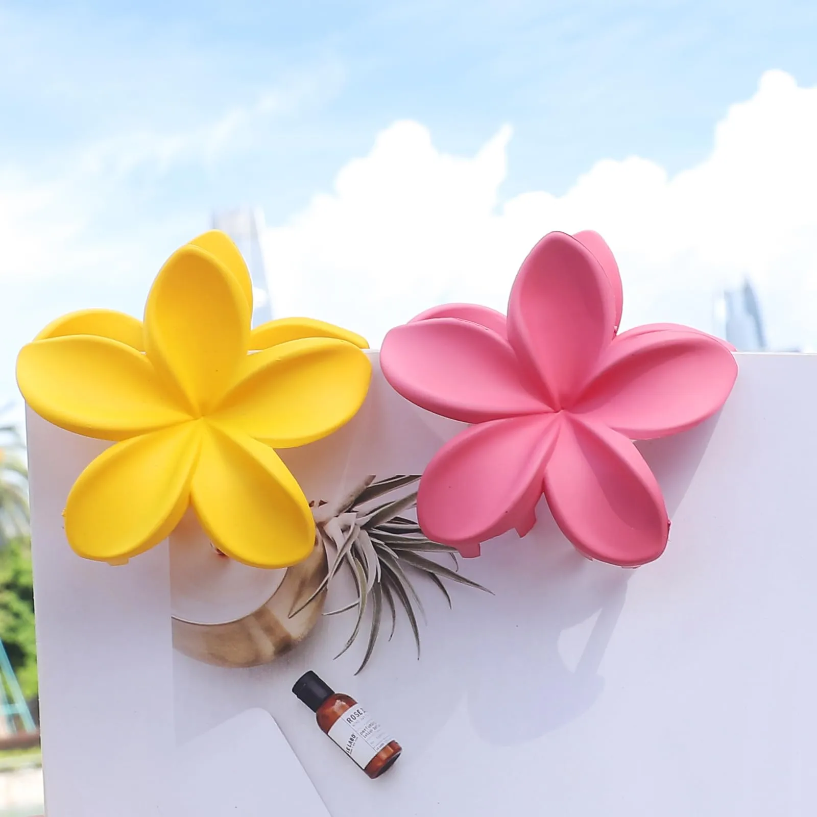 Hawaiian Plumeria Hair Accessories - 6 Pack Large Claw Clips for Thick and Thin Hair, Beach Tropical Hair Clips for Women and Girls