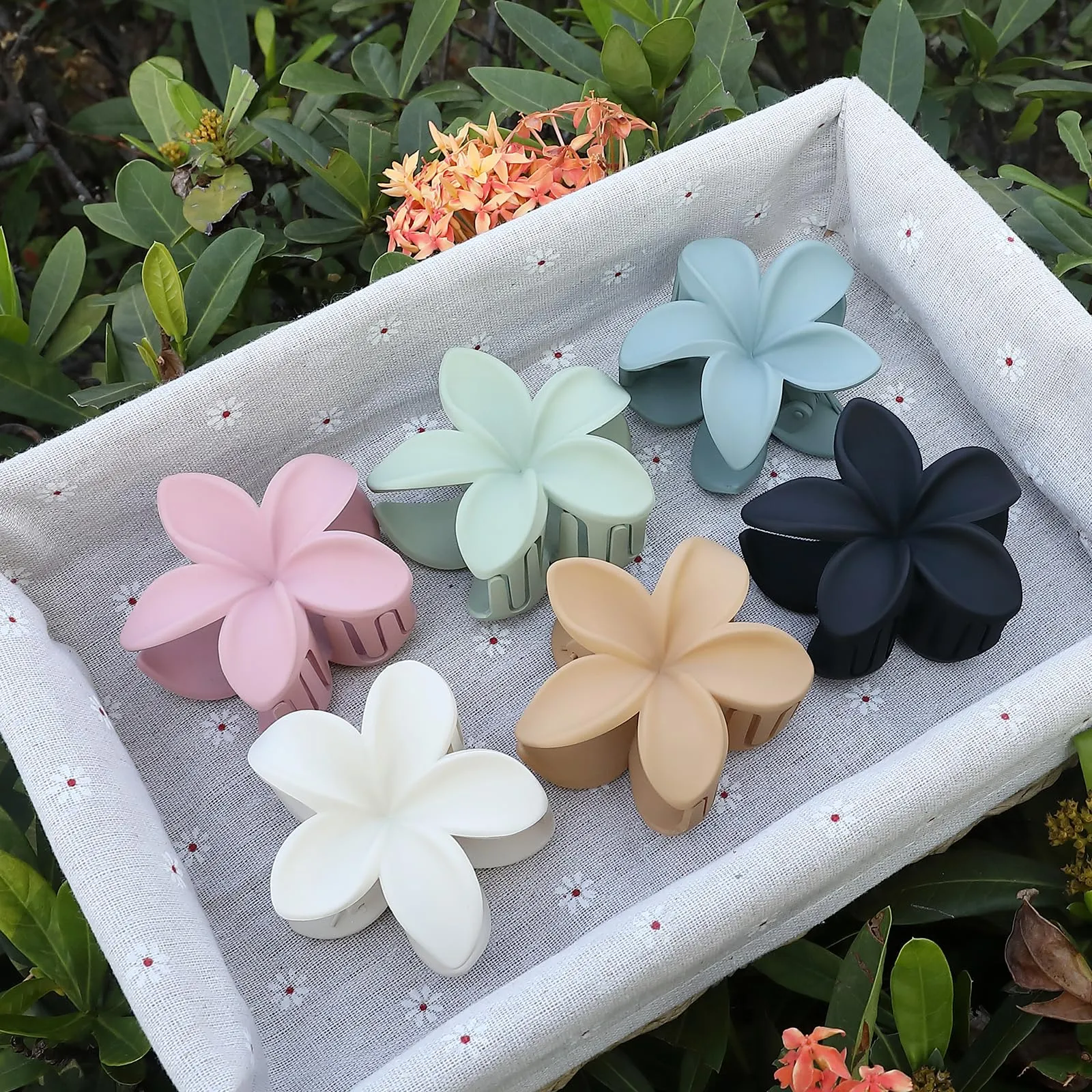 Hawaiian Plumeria Hair Accessories - 6 Pack Large Claw Clips for Thick and Thin Hair, Beach Tropical Hair Clips for Women and Girls