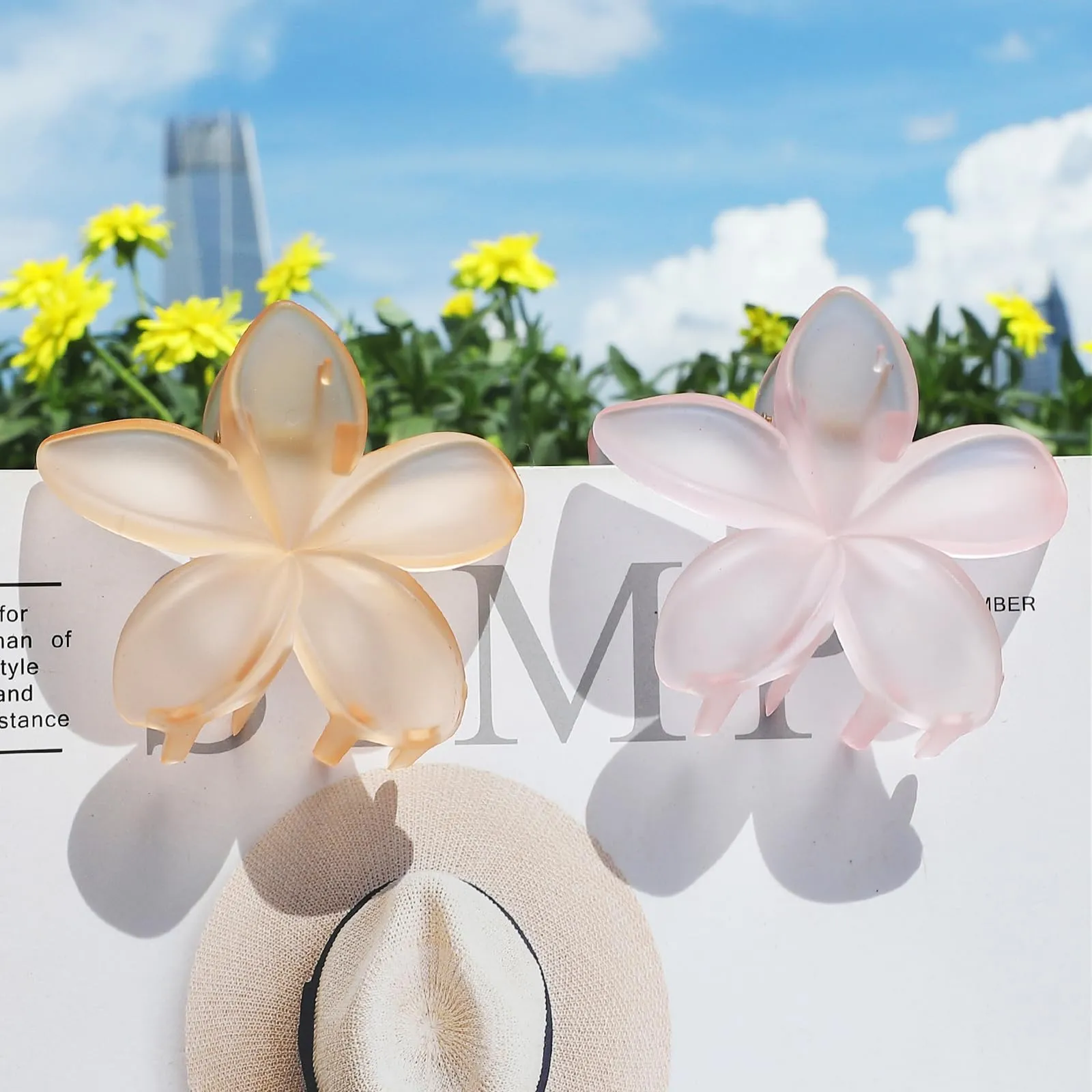Hawaiian Plumeria Hair Accessories - 6 Pack Large Claw Clips for Thick and Thin Hair, Beach Tropical Hair Clips for Women and Girls