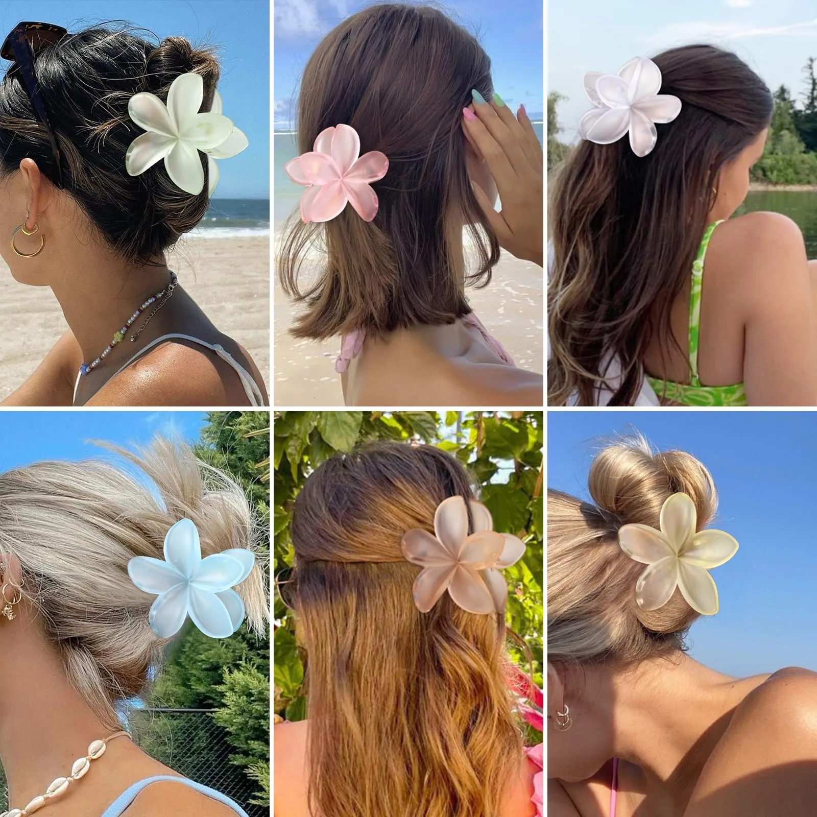 Hawaiian Plumeria Hair Accessories - 6 Pack Large Claw Clips for Thick and Thin Hair, Beach Tropical Hair Clips for Women and Girls