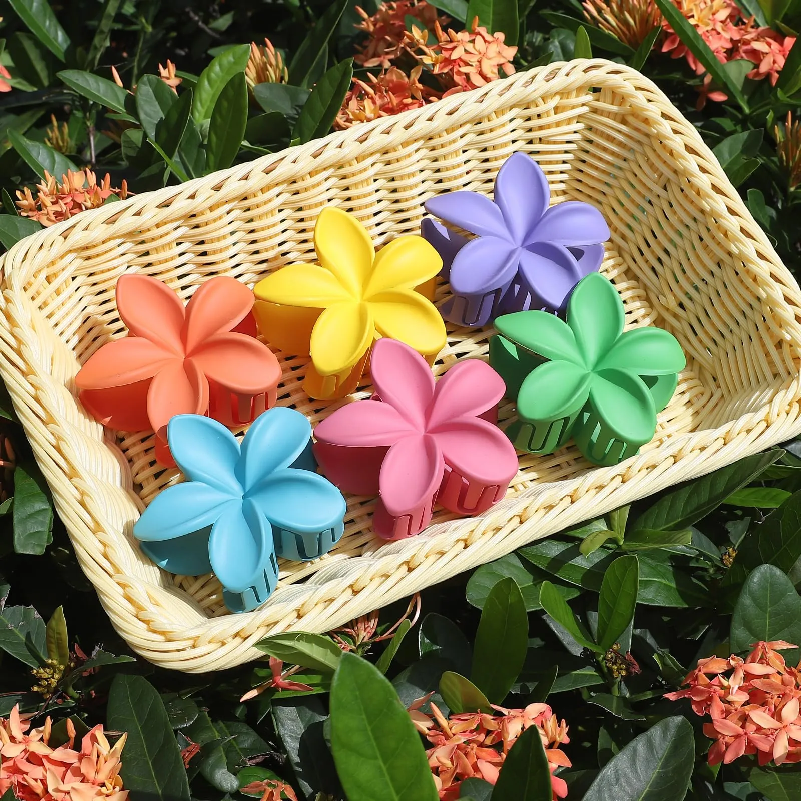 Hawaiian Plumeria Hair Accessories - 6 Pack Large Claw Clips for Thick and Thin Hair, Beach Tropical Hair Clips for Women and Girls