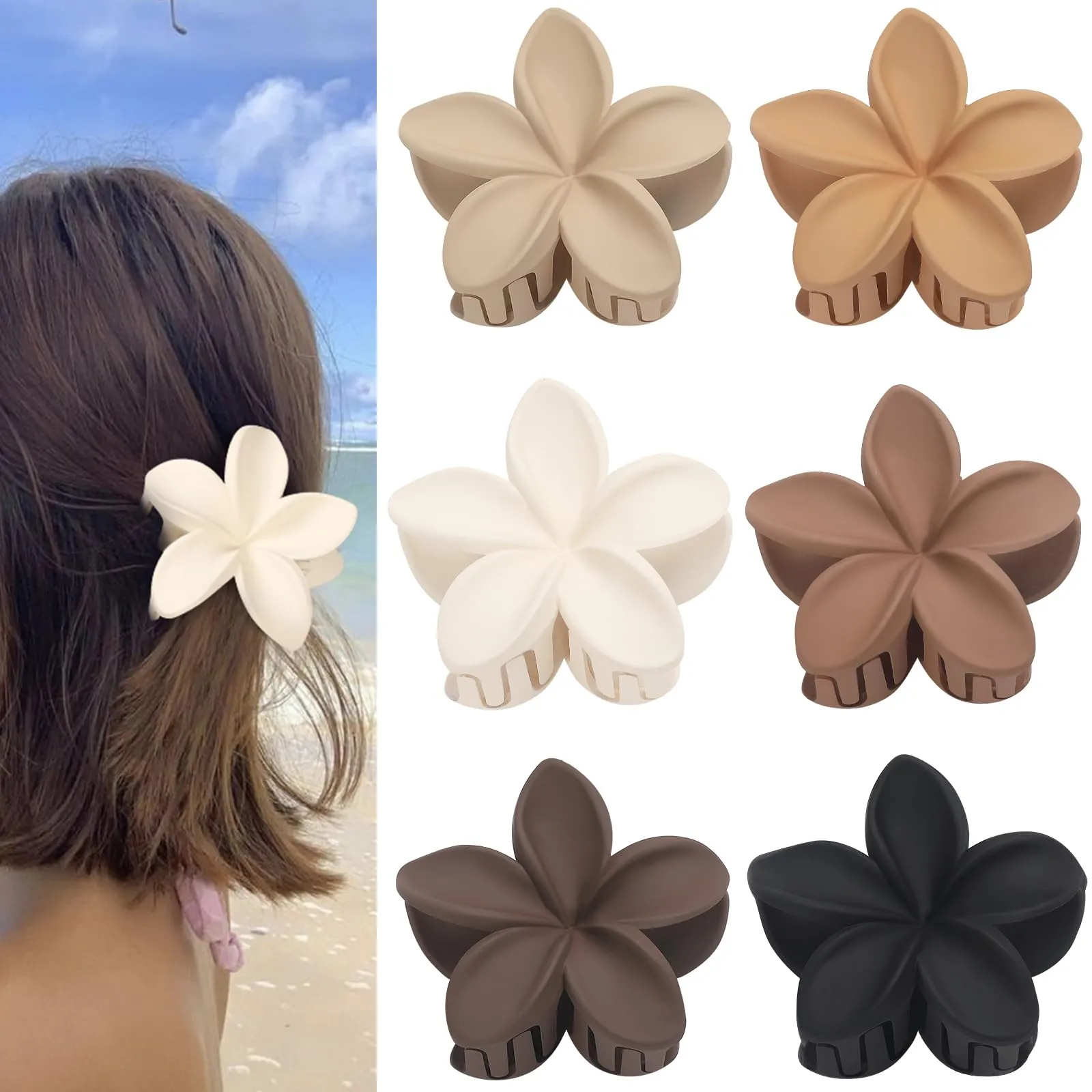 Hawaiian Plumeria Hair Accessories - 6 Pack Large Claw Clips for Thick and Thin Hair, Beach Tropical Hair Clips for Women and Girls