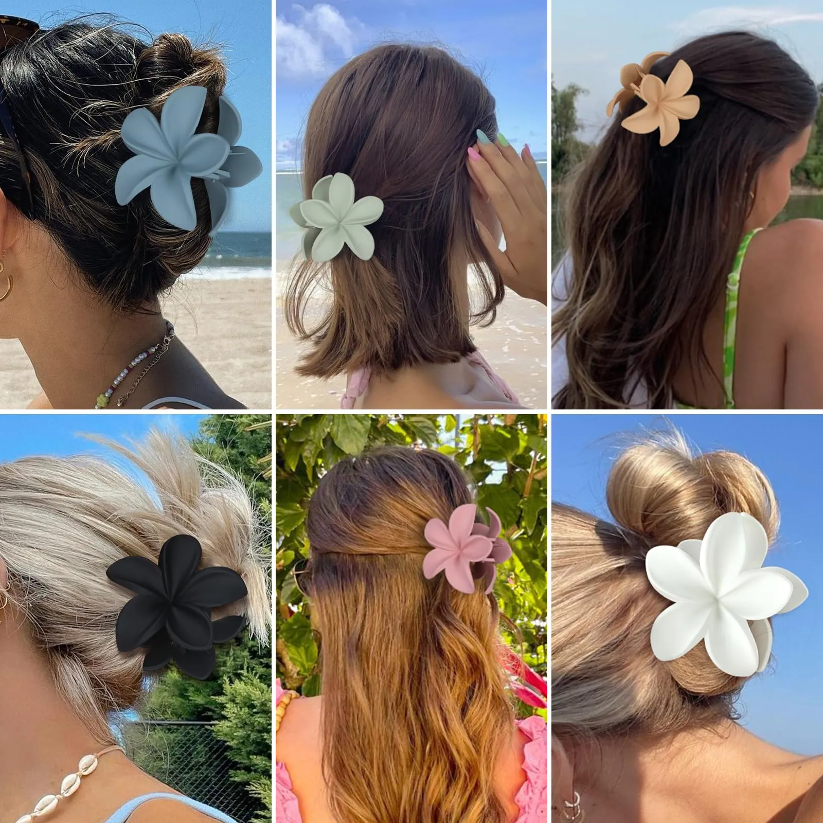 Hawaiian Plumeria Hair Accessories - 6 Pack Large Claw Clips for Thick and Thin Hair, Beach Tropical Hair Clips for Women and Girls