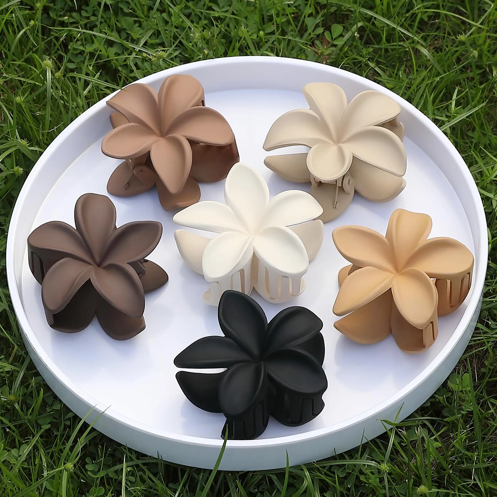 Hawaiian Plumeria Hair Accessories - 6 Pack Large Claw Clips for Thick and Thin Hair, Beach Tropical Hair Clips for Women and Girls