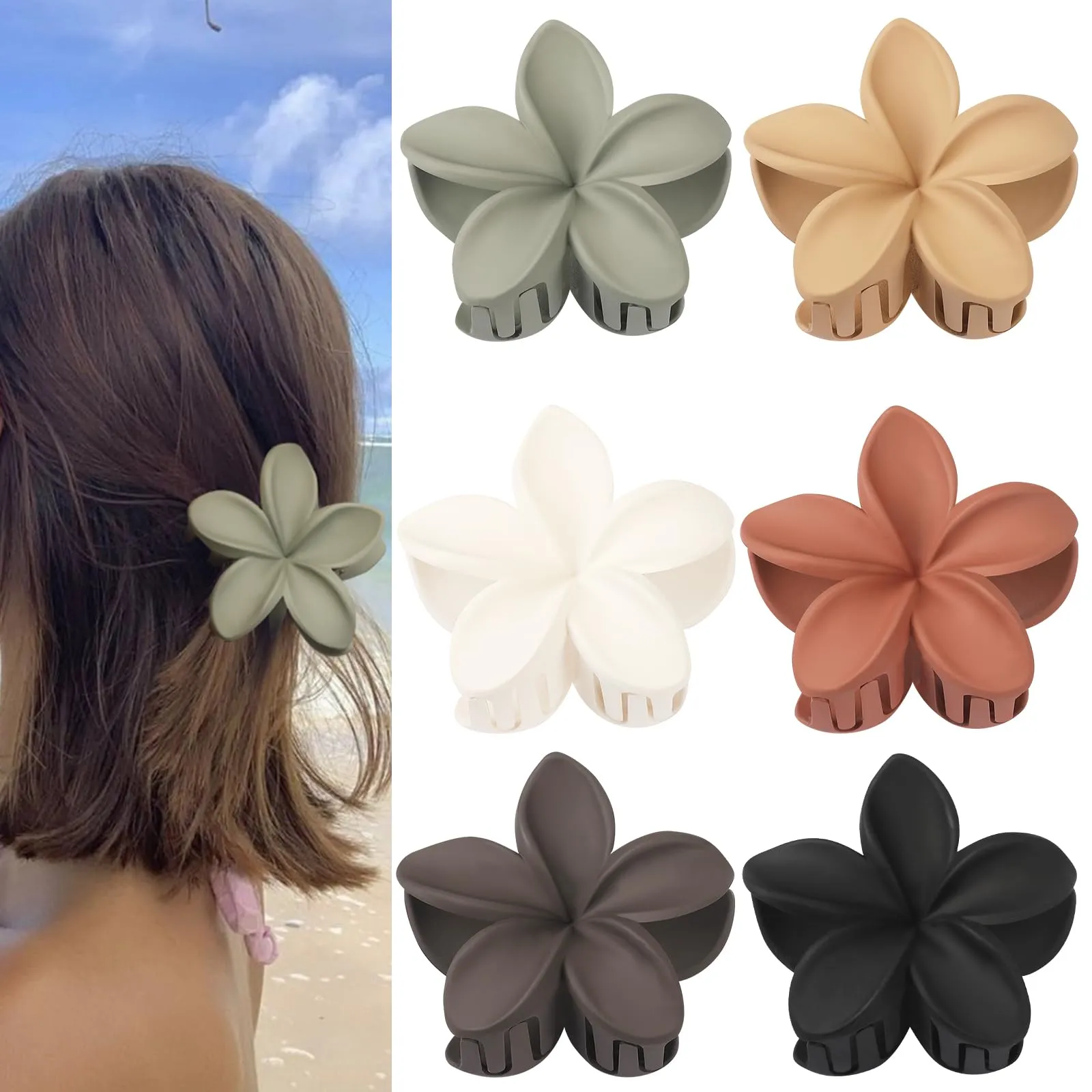 Hawaiian Plumeria Hair Accessories - 6 Pack Large Claw Clips for Thick and Thin Hair, Beach Tropical Hair Clips for Women and Girls