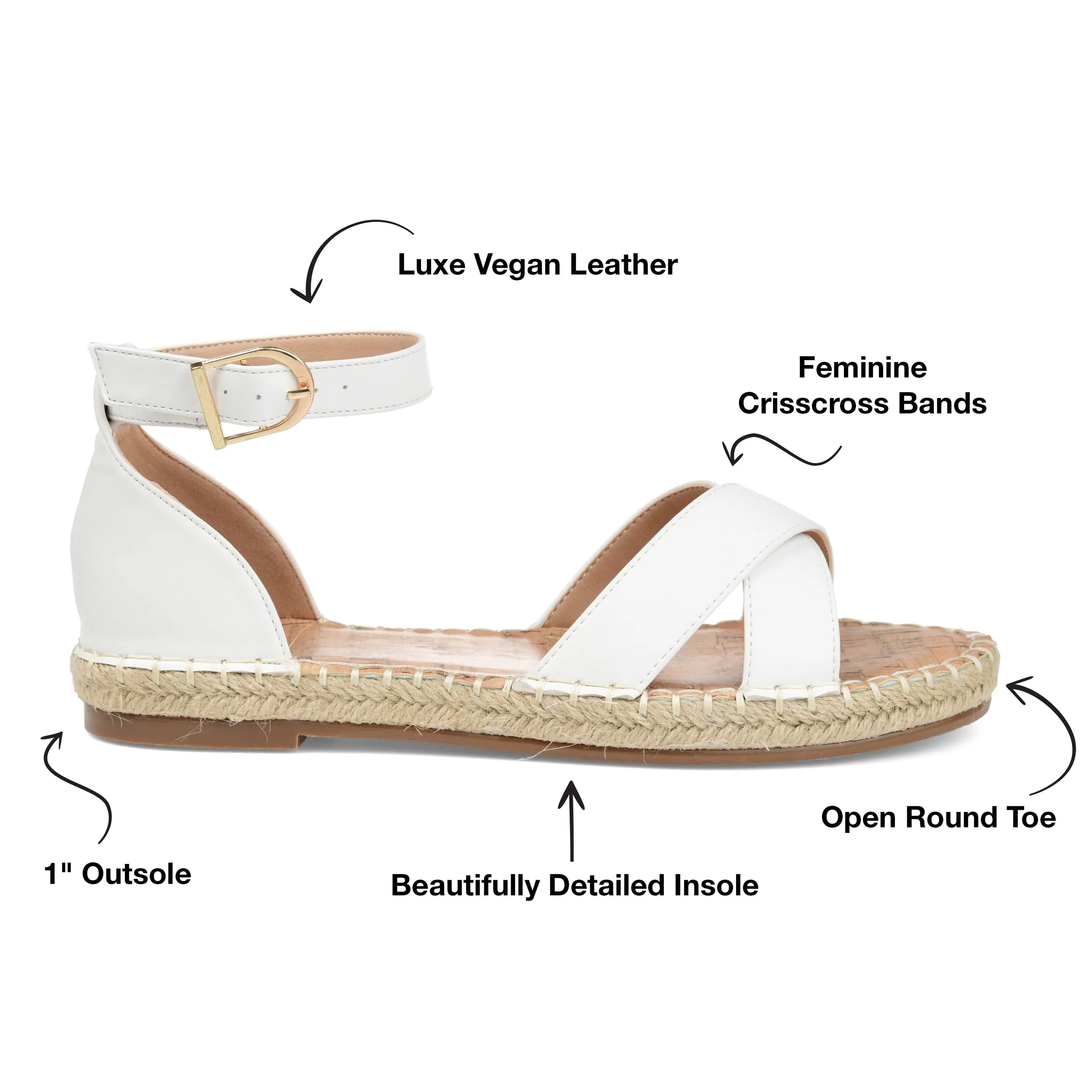 Journee Womens Flat Espadrille Strappy Crisscross Open Round Toe Sandal - Lyddia Buckle Ankle Strap Platform White 7 Medium Womens US