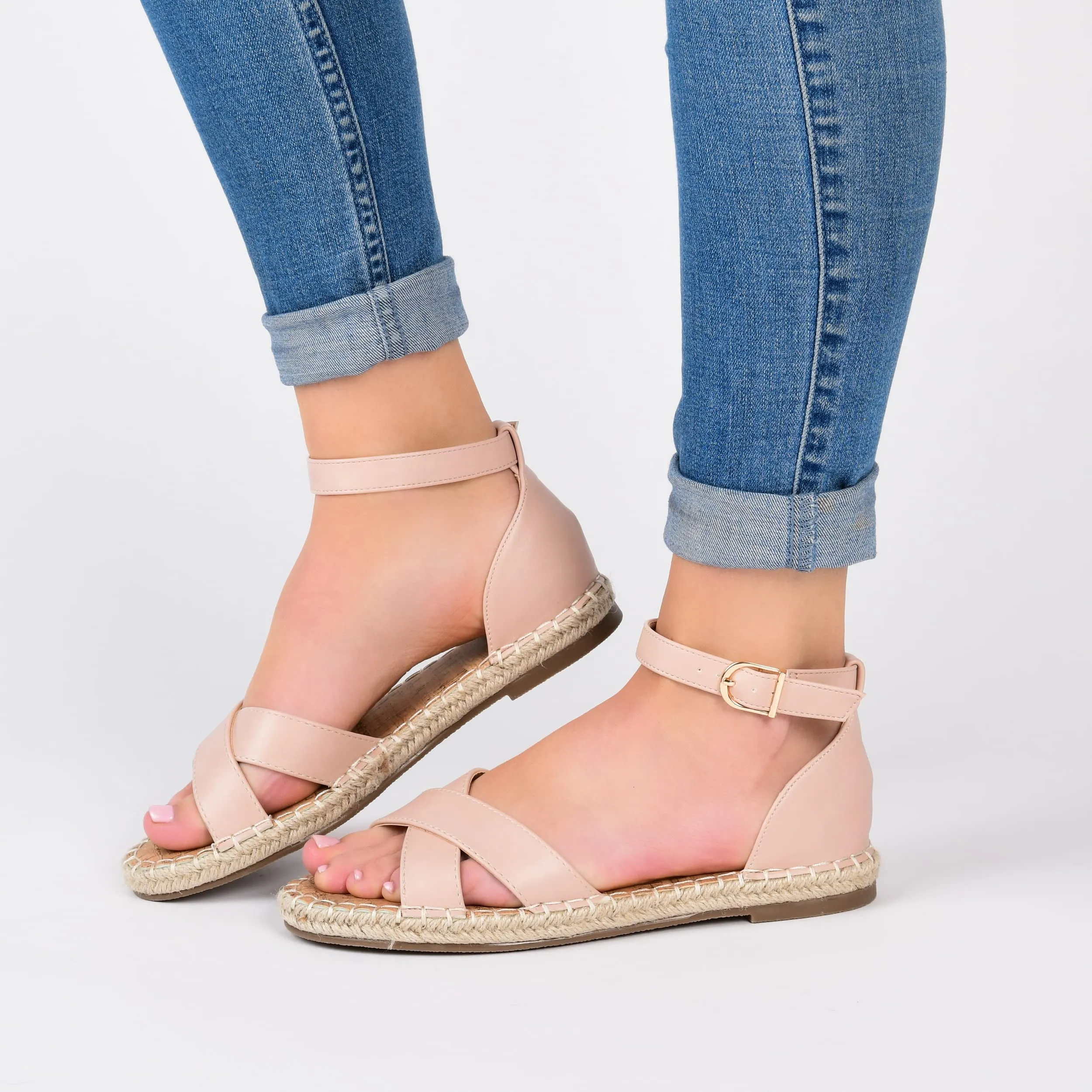 Journee Womens Flat Espadrille Strappy Crisscross Open Round Toe Sandal - Lyddia Buckle Ankle Strap Platform White 7 Medium Womens US