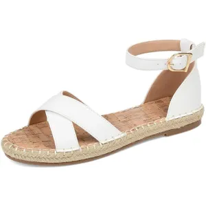 Journee Womens Flat Espadrille Strappy Crisscross Open Round Toe Sandal - Lyddia Buckle Ankle Strap Platform White 7 Medium Womens US