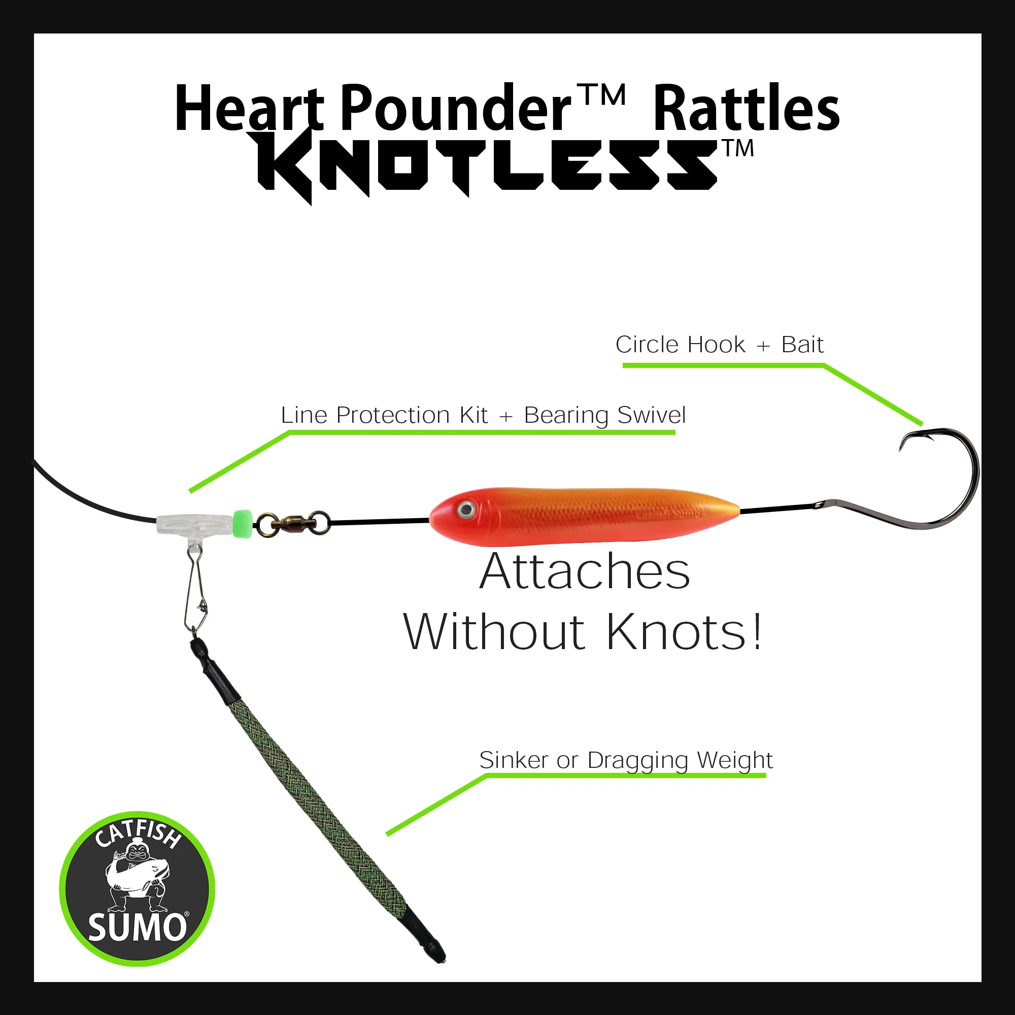 Knotless™ Inline Rattling Line Float for Catfishing Rigs (5 Inches) - Patent Pending